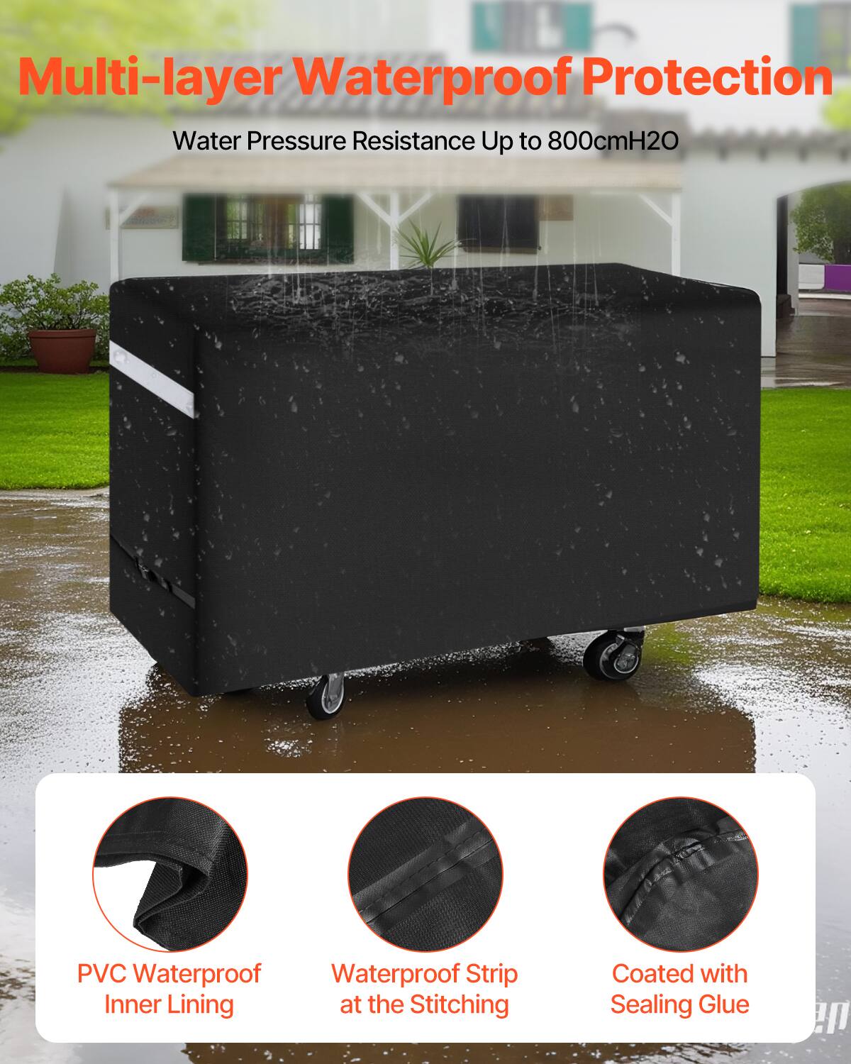 Multi-layer Waterproof Protection  
Water Pressure Resistance Up to 800cmH2O  

PVC Waterproof Inner Lining  
Waterproof Strip at the Stitching  
Coated with Sealing Glue