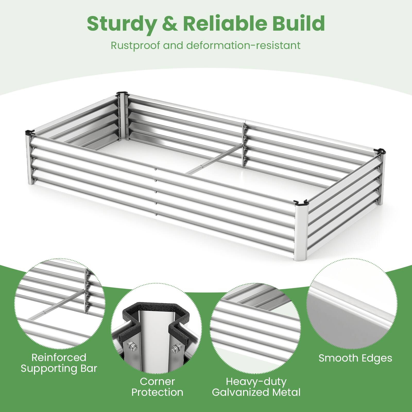 Sturdy & Reliable Build  
Rustproof and deformation-resistant  

- Reinforced Supporting Bar  
- Corner Protection  
- Heavy-duty Galvanized Metal  
- Smooth Edges