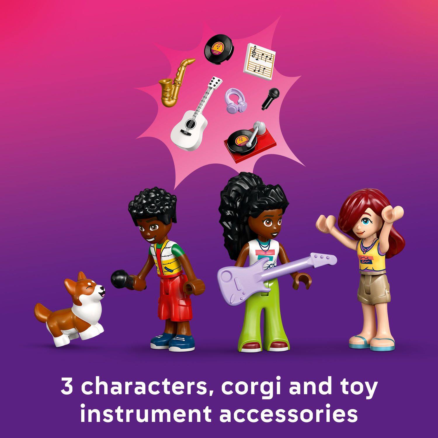 3 characters, corgi and toy instrument accessories