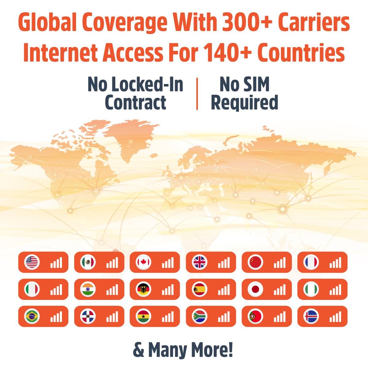 Global Coverage With 300+ Carriers  
Internet Access For 140+ Countries  

No Locked-In Contract  
No SIM Required  

& Many More!