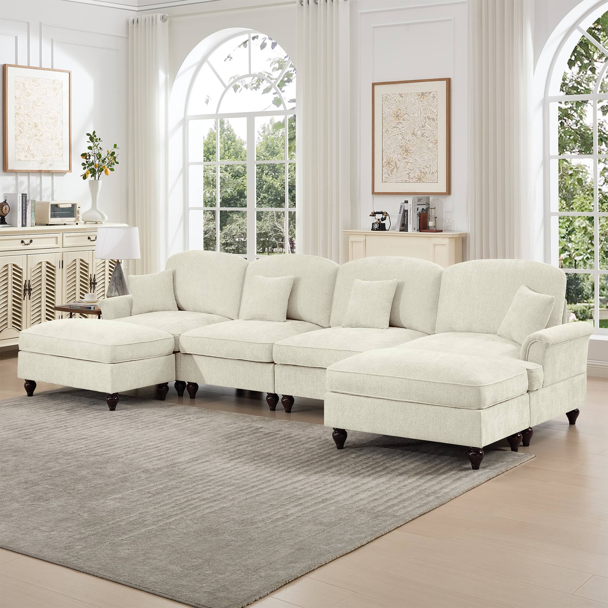 Angle. Anysun - Classic U-Shape Chenille 4-Seat Sectional with Ottomans - Flared Arms, Ruffled Skirt & Spindle Legs, Deep Cloud Seat - Beige.