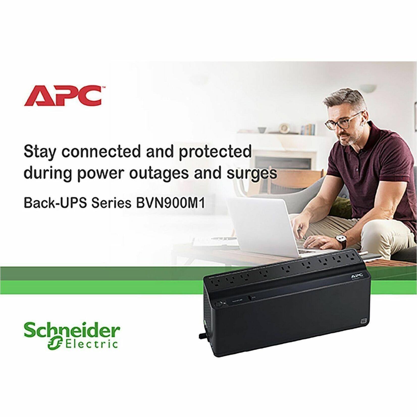 APC Stay connected and protected during power outages and surges  
Back-UPS Series BVN900M1  
APC Schneider Electric
