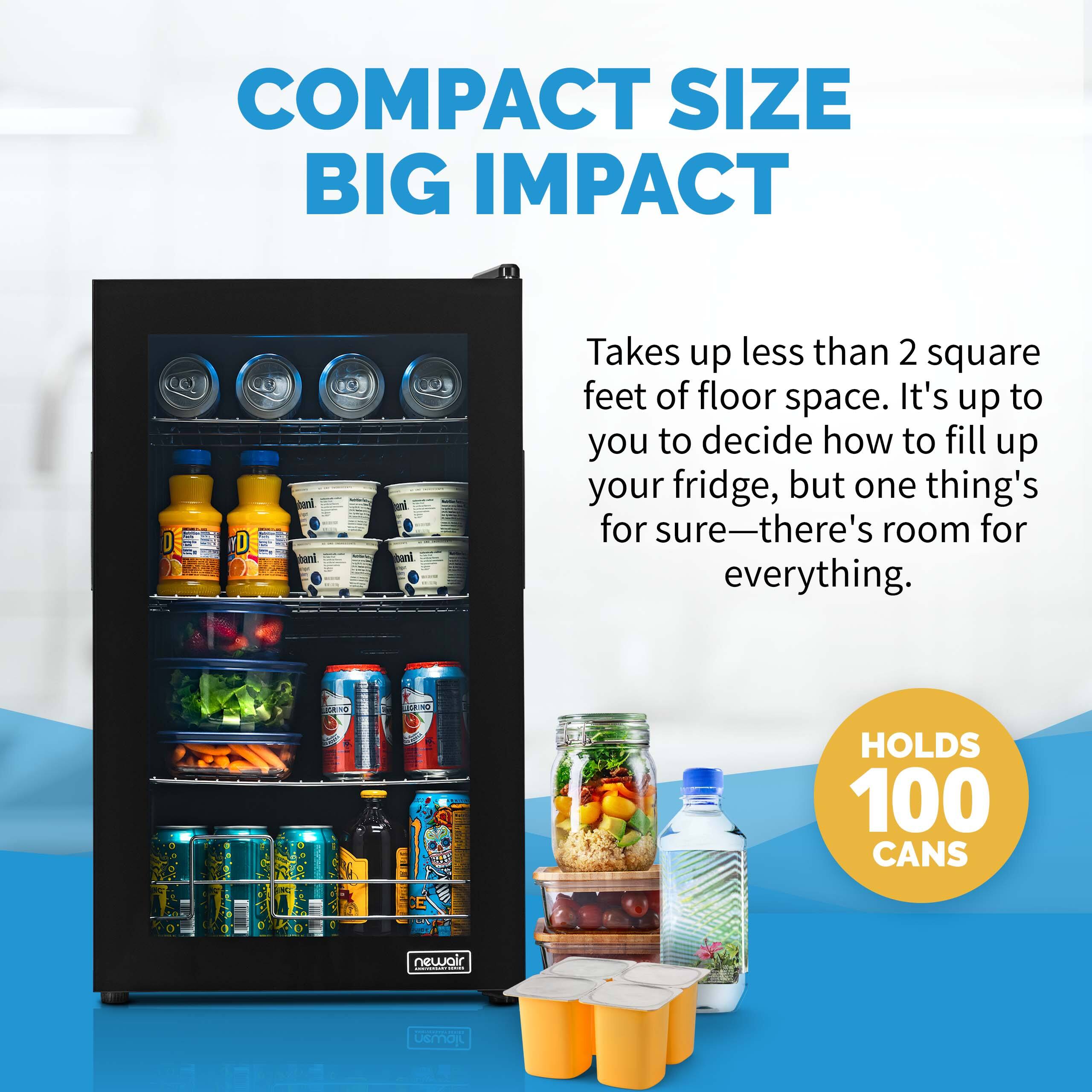 COMPACT SIZE BIG IMPACT

Takes up less than 2 square feet of floor space. It's up to you to decide how to fill up your fridge, but one thing's for sure—there's room for everything.

HOLDS 100 CANS