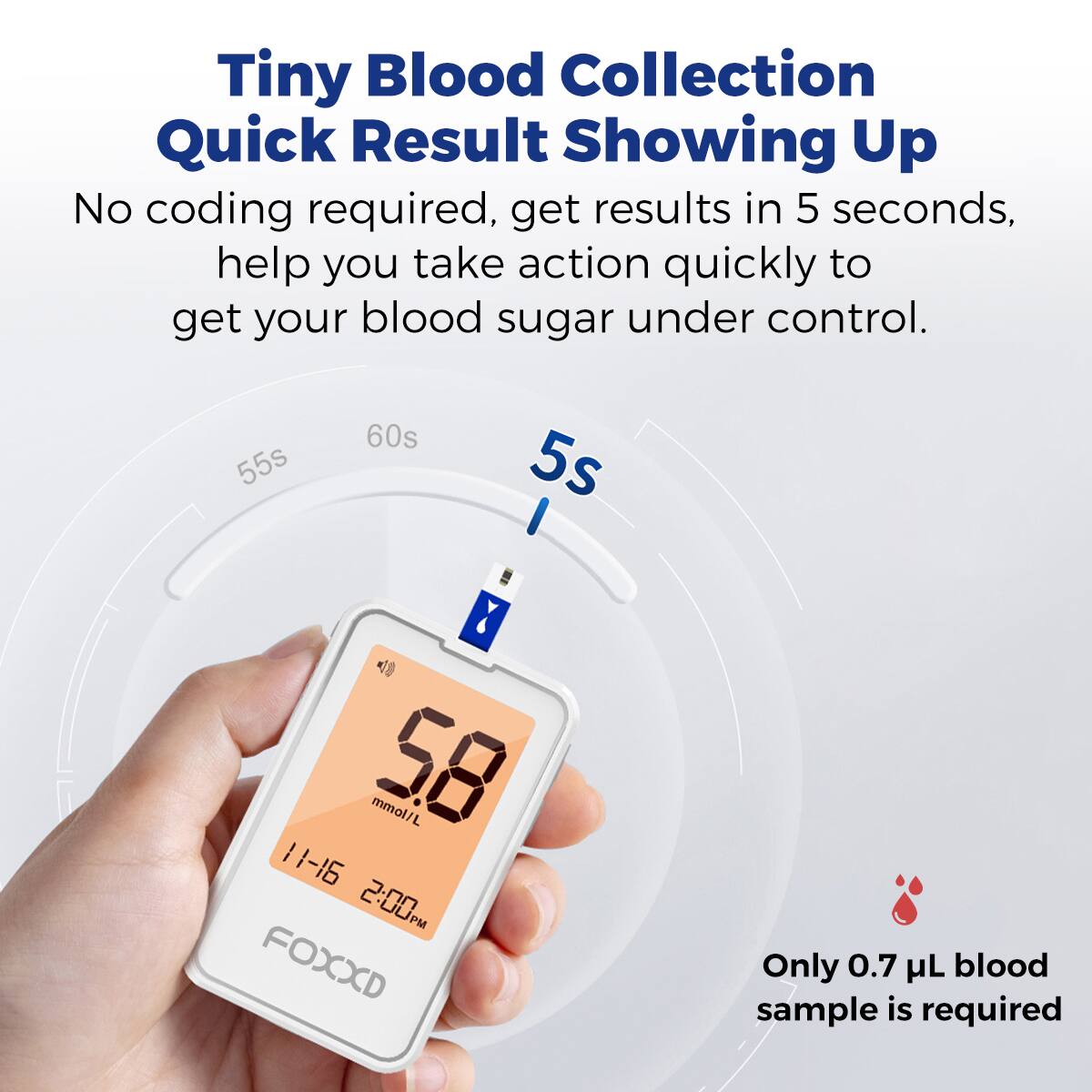 Tiny Blood Collection Quick Result Showing Up

No coding required, get results in 5 seconds, help you take action quickly to get your blood sugar under control.

5s

58 mmol/L

11-16 2:00 PM

FOXXD

Only 0.7 µL blood sample is required