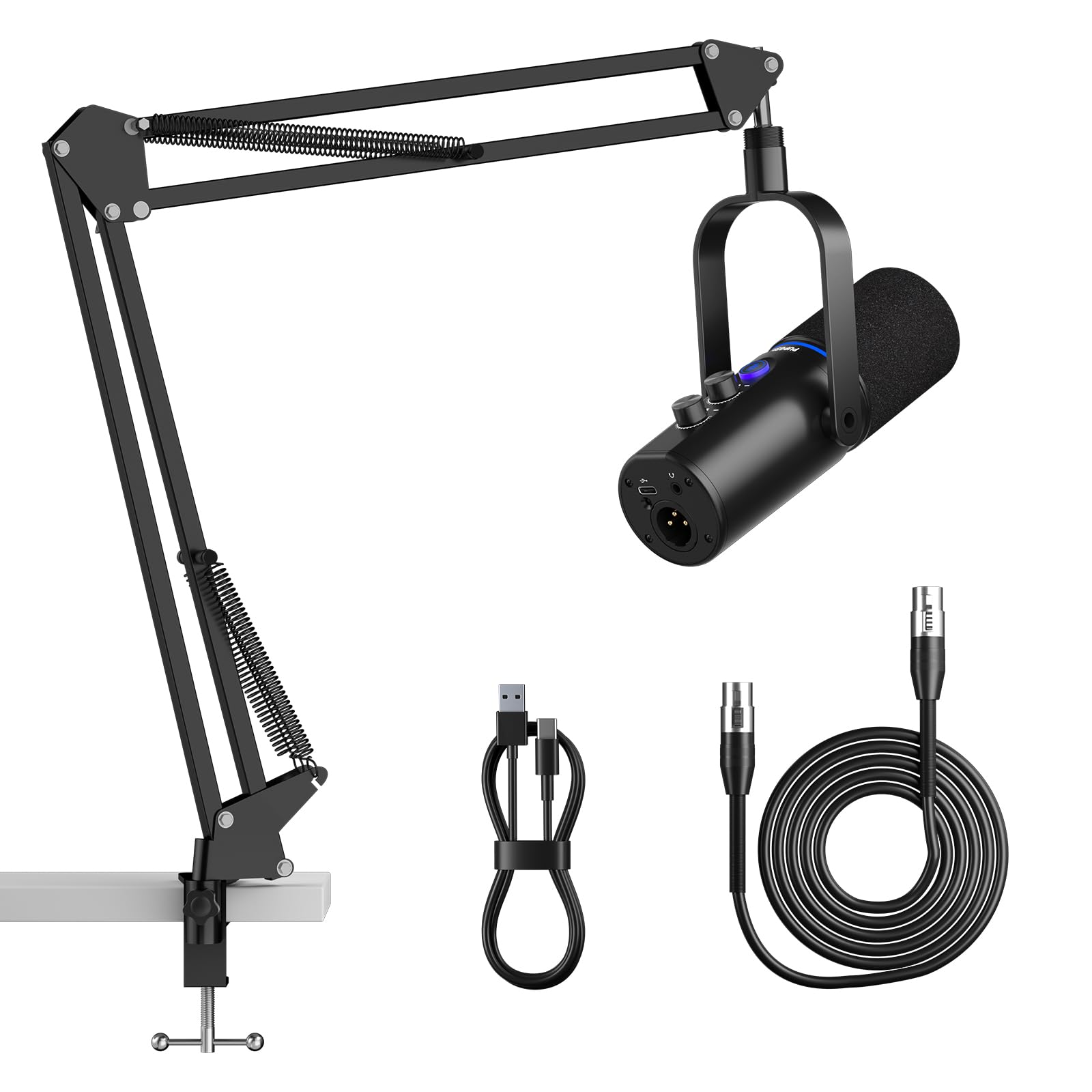 Front. Fabibe - Xlr/usb Podcast Microphone Gaming Mic With Mute Button Reverb Effects Noise Cancellation Boom Arm Stand Headphones... - With Boom Arm.