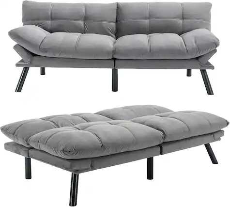 Front. MOOSOO - Velvet Convertible Futon Sofa Bed, Loveseat Sleeper Sofa with Thick Cushion, 2 Seater Couch for Living Room, Bedroom - Gray.