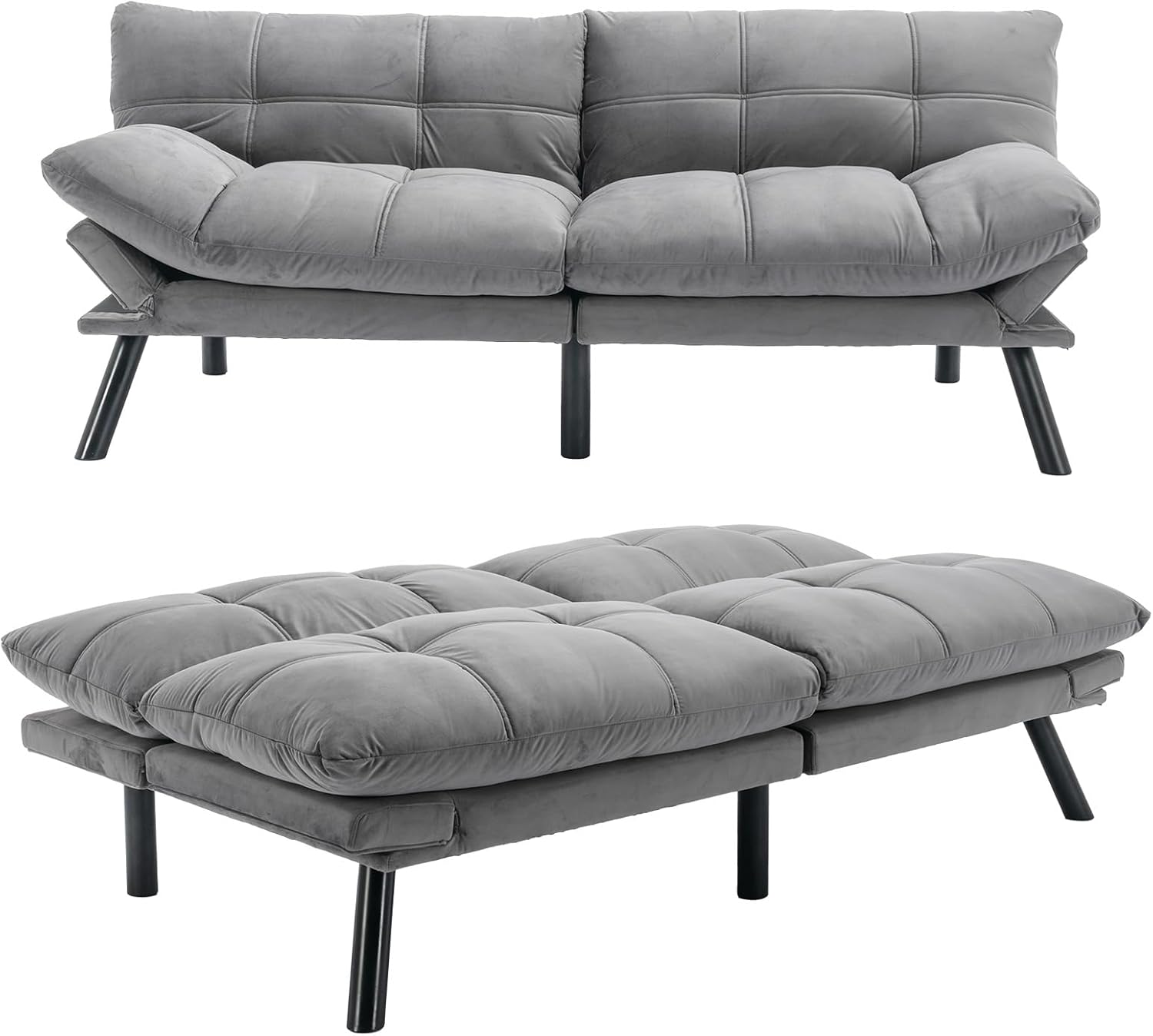 Front. MOOSOO - Velvet Convertible Futon Sofa Bed,  Loveseat Sleeper Sofa with Thick Cushion, 2 Seater Couch for Living Room, Bedroom - Gray.