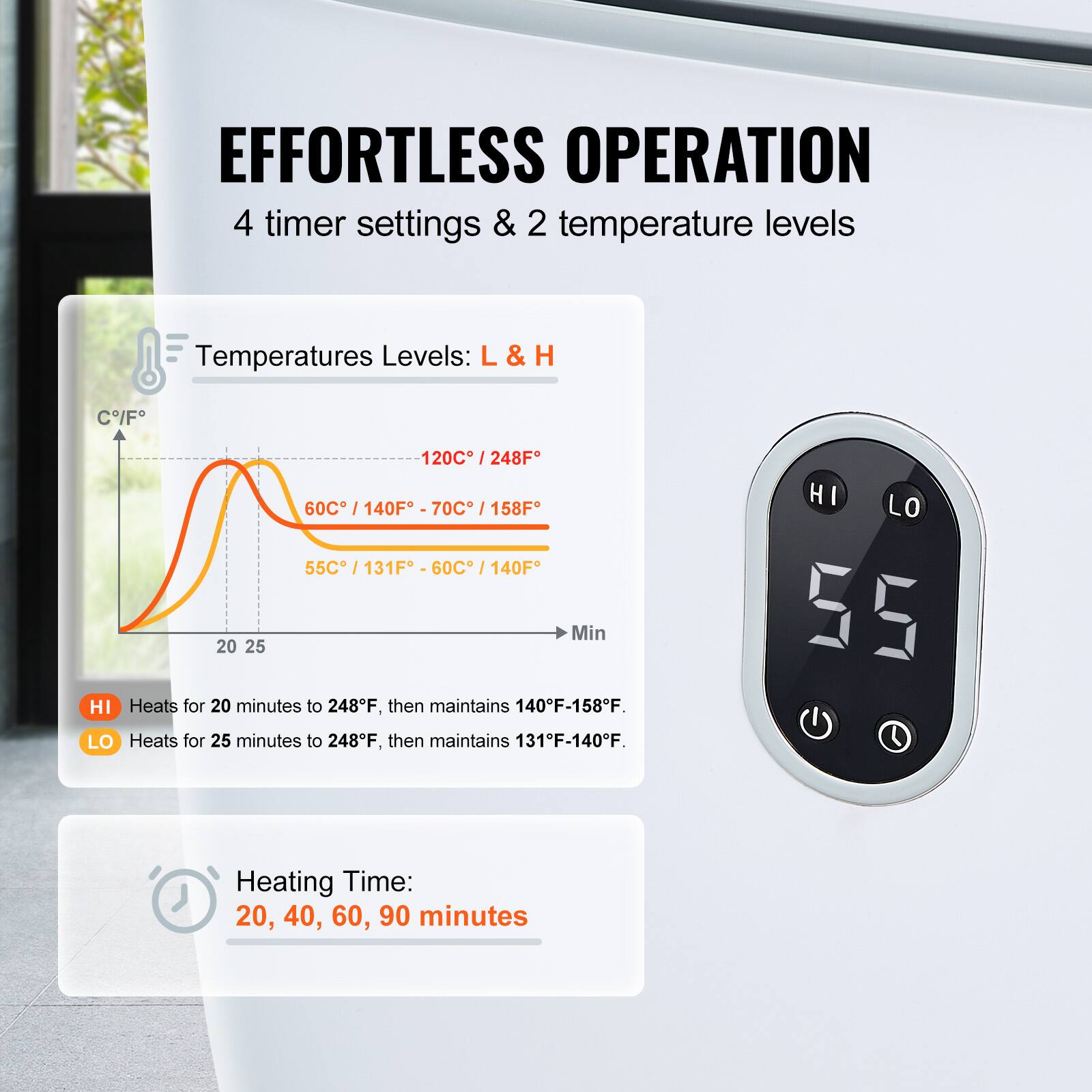 EFFORTLESS OPERATION 4 timer settings & 2 temperature levels

Temperatures Levels: L & H
C/F
120C / 248F
60C / 140F - 70C / 158F
55C / 131F - 60C / 140F
Min
20, 25
HI
Heats for 20 minutes to 248F, then maintains 140F-158F.
LO
Heats for 25 minutes to 248F, then maintains 131F-140F.
Heating Time: 20, 40, 60, 90 minutes