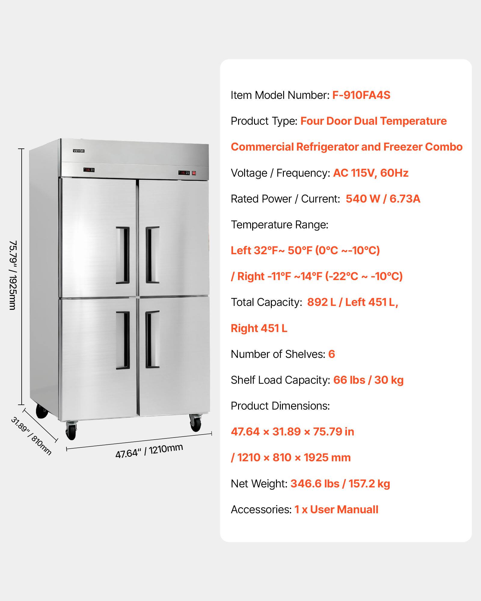 Item Model Number: F-910FA4S  
Product Type: Four Door Dual Temperature Commercial Refrigerator and Freezer Combo  
Voltage / Frequency: AC 115V, 60Hz  
Rated Power / Current: 540 W / 6.73A  
Temperature Range:  
- Left: 32°F ~ 50°F (0°C ~ 10°C)  
- Right: -11°F ~ 14°F (-22°C ~ -10°C)  
Total Capacity: 892 L (Left 451 L, Right 451 L)  
Number of Shelves: 6  
Shelf Load Capacity: 66 lbs / 30 kg  
Product Dimensions: 47.64" x 31.89" x 75.79" (1210mm x 810mm x 1925mm)  
Net Weight: 346.6 lbs / 157.2 kg  
Accessories: 1 x User Manual