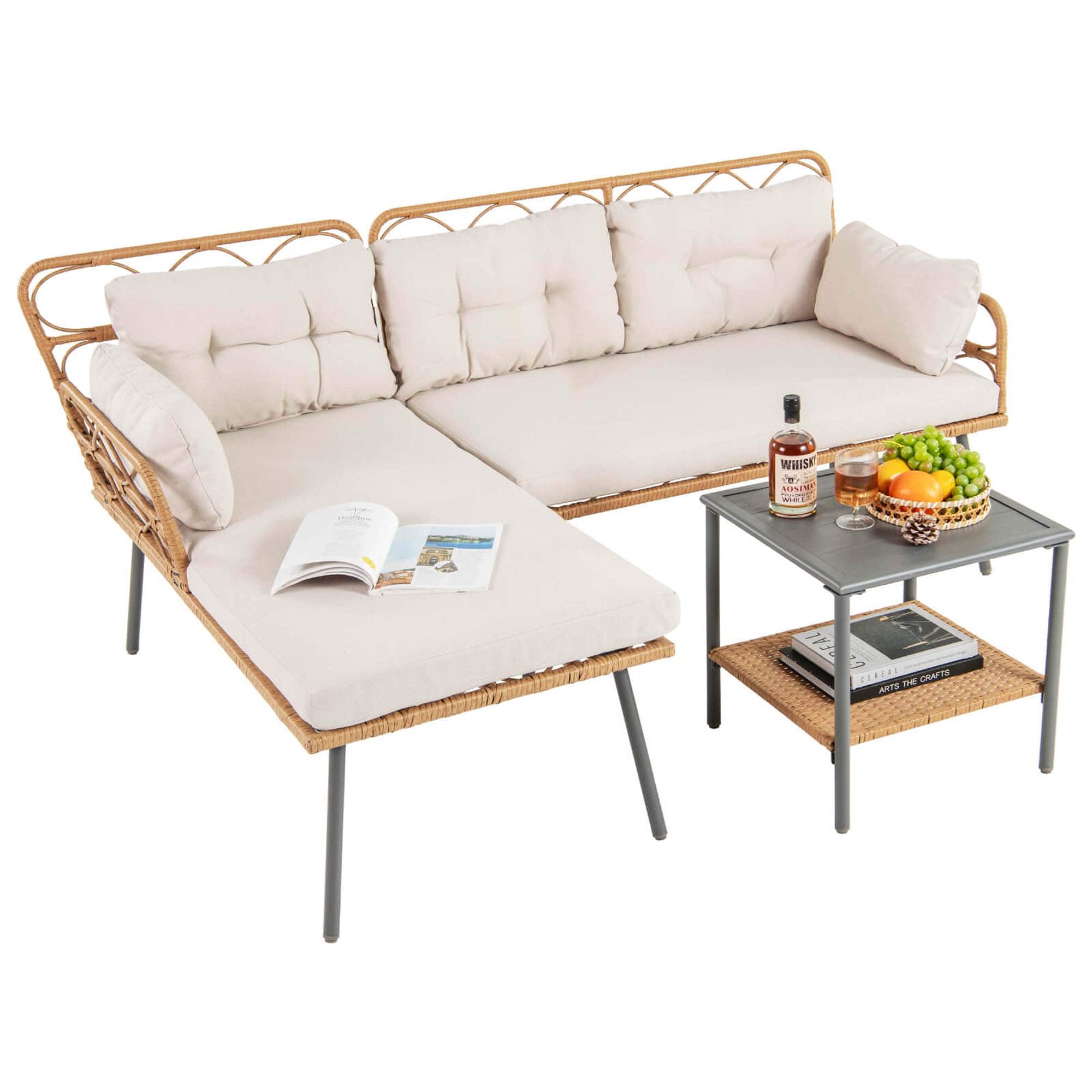 Costway - 3 Pieces Corner Patio Furniture Set, PE Rattan L-Shaped Cushioned Sofa Set with Small Coffee Table - Beige price history on PriceWatchPro