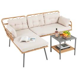 Costway - 3 Pieces Corner Patio Furniture Set, PE Rattan L-Shaped Cushioned Sofa Set with Small Coffee Table - Beige
