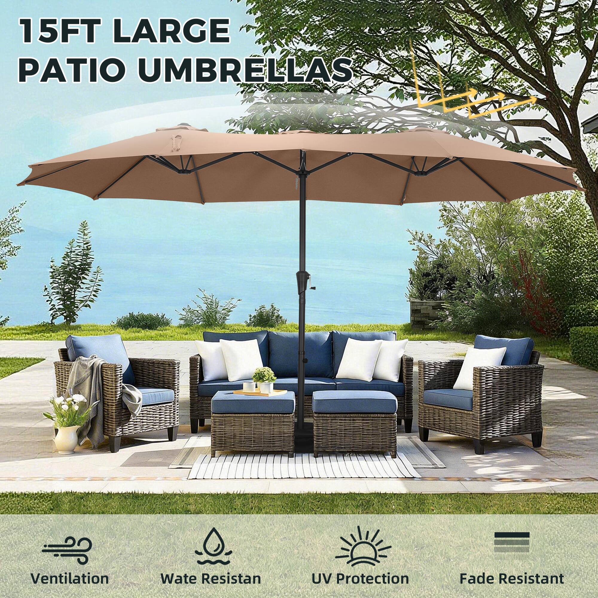 15FT LARGE PATIO UMBRELLAS

- Ventilation
- Water Resistant
- UV Protection
- Fade Resistant