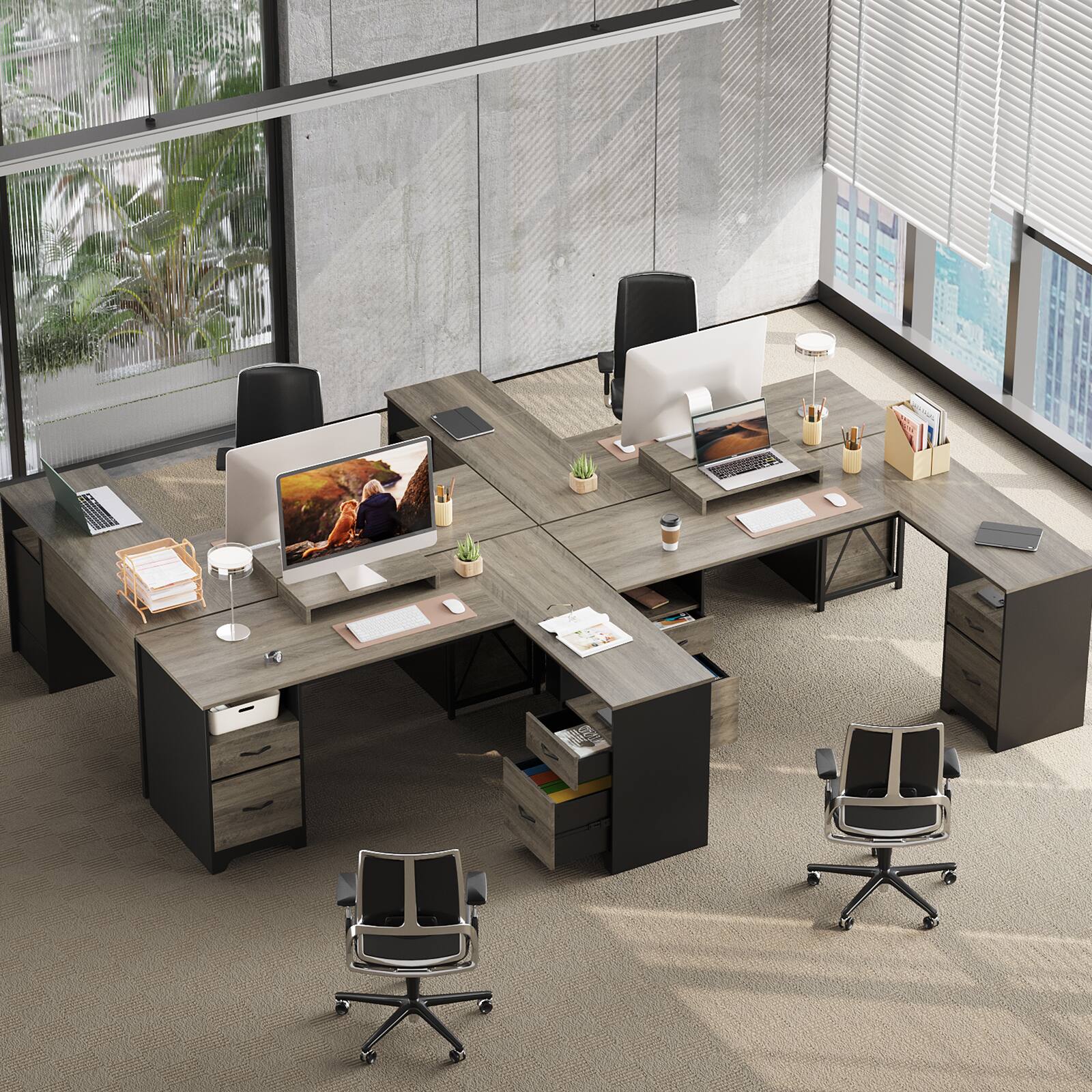 Left. Bestier - 63inch L-Shaped Gomputer Desk with Two File and Storage Drawers Corner Executive Desk for Home Office - Gray.