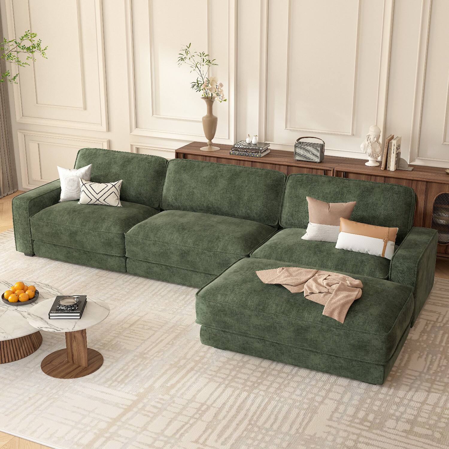 Angle. Dyonery - Dyonery 119" L Shaped Couch Modular Sectional Sleeper Sofa, CHENILLE Fabric, , Tool-Free Assembly,Green - Green.