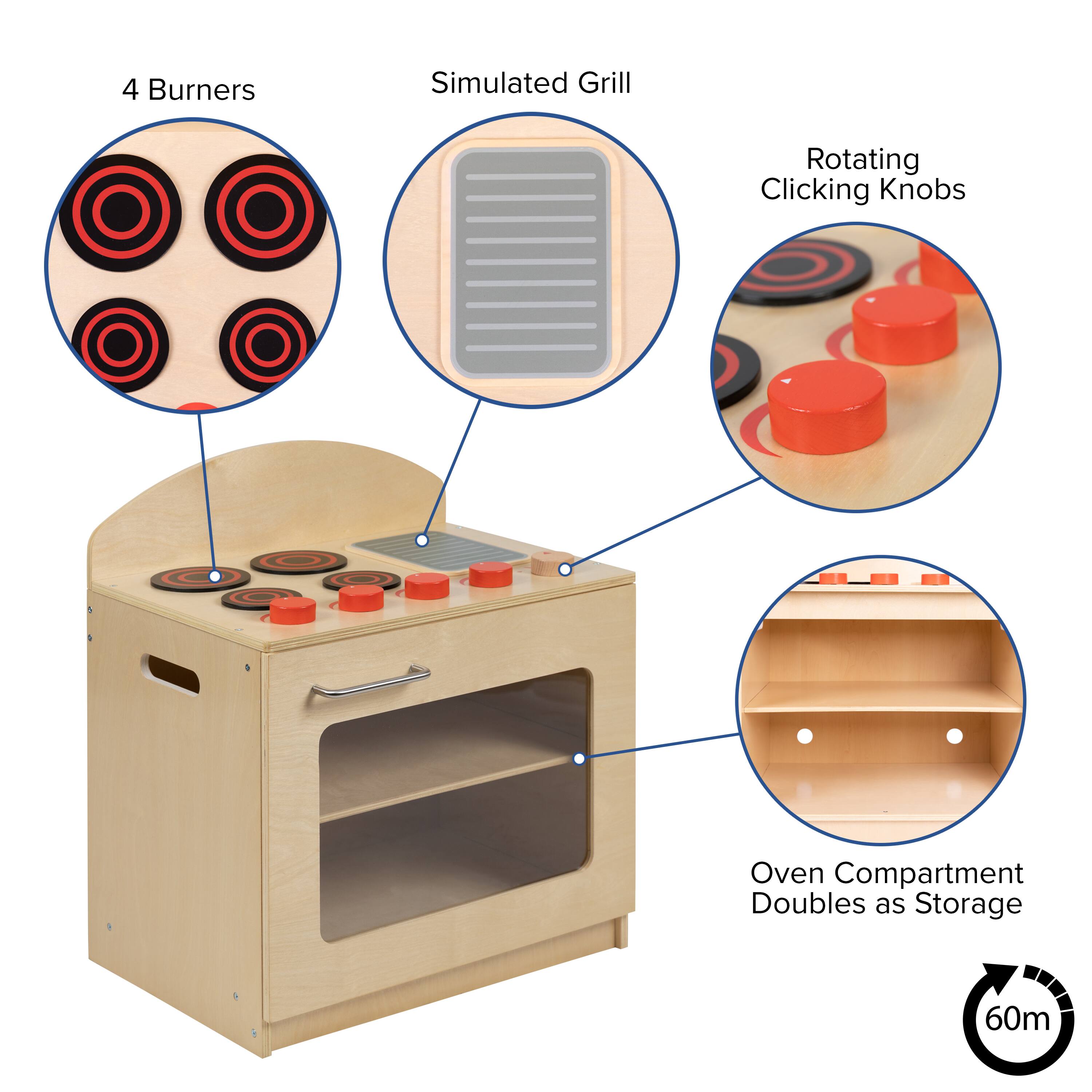 4 Burners  
Simulated Grill  
Rotating Clicking Knobs  
Oven Compartment Doubles as Storage  
60m
