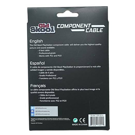 Old Skool COMPONENT CABLE

English
The Old Skool PlayStation component cable will deliver you the highest quality picture and sound available. 6 foot cable Professional grade Works with PS2 and PS3!

Español
El cable de componente Old Skool PlayStation le proporcionará la más alta calidad de imagen y sonido disponibles. -Cable de 6 pies -Grado Profesional -Funciona con PS2 y PS3!

Français
Le câble composant Old Skool PlayStation offrira le plus haut niveau d'image et de qualité sonore disponible. -Câble de 6 pieds -Grade professionnel Fonctionne avec PS2 et PS3!

ON Crayights FOX

Al
mickrunt

Model 06-2215 CE MADE IN CHINA 30158 41221
