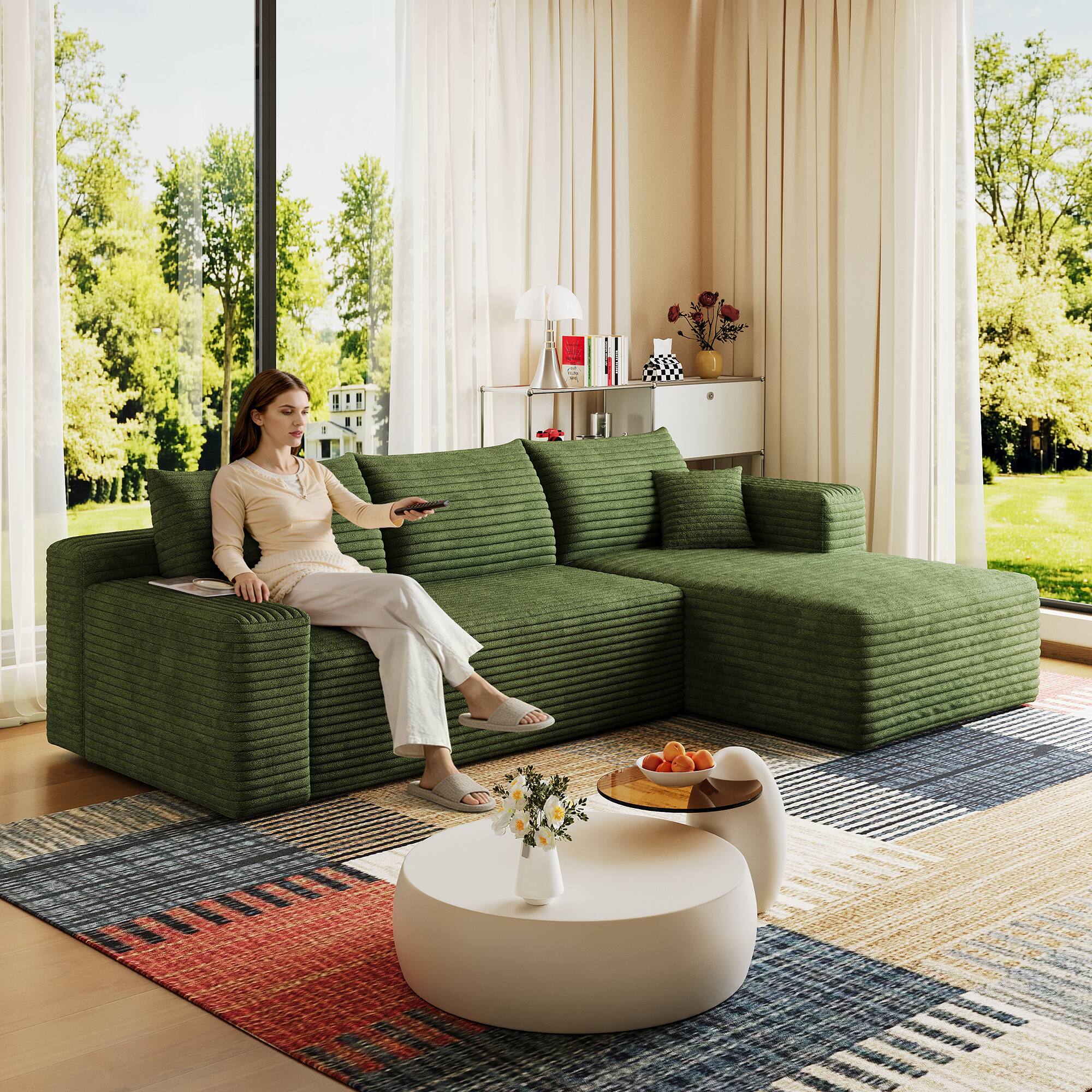 Alt View 4. Meqiodas - 95" Cloud Sectional Sofa, Comfort L Shaped Couch for Living Room,Deep Seat Corner Couch,No Assembly Required - Green.