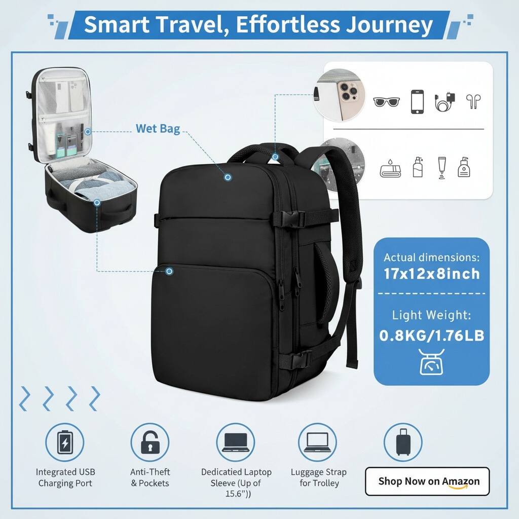 Smart Travel, Effortless Journey

- Wet Bag
- Actual dimensions: 17x12x8 inch
- Light Weight: 0.8KG/1.76LB
- Integrated USB Charging Port
- Anti-Theft & Pockets
- Dedicated Laptop Sleeve (Up to 15.6")
- Luggage Strap for Trolley

Shop Now on Amazon