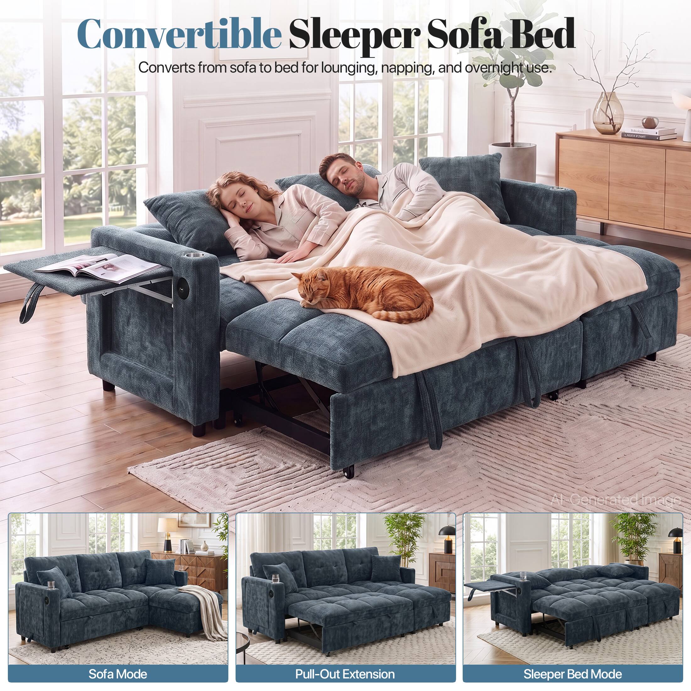 Convertible Sleeper Sofa Bed  
Converts from sofa to bed for lounging, napping, and overnight use.  

1-C Generated Image  
Sofa Mode  
Pull-Out Extension  
Sleeper Bed Mode