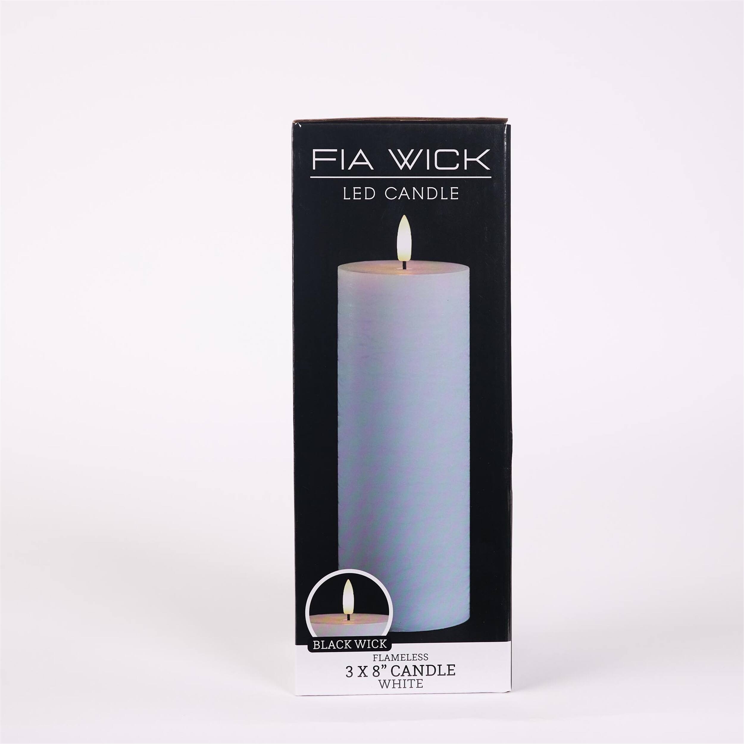 FIA WICK  
LED CANDLE  

BLACK WICK  
FLAMELESS  
8" CANDLE  
WHITE  

3 X 8" CANDLE WHITE