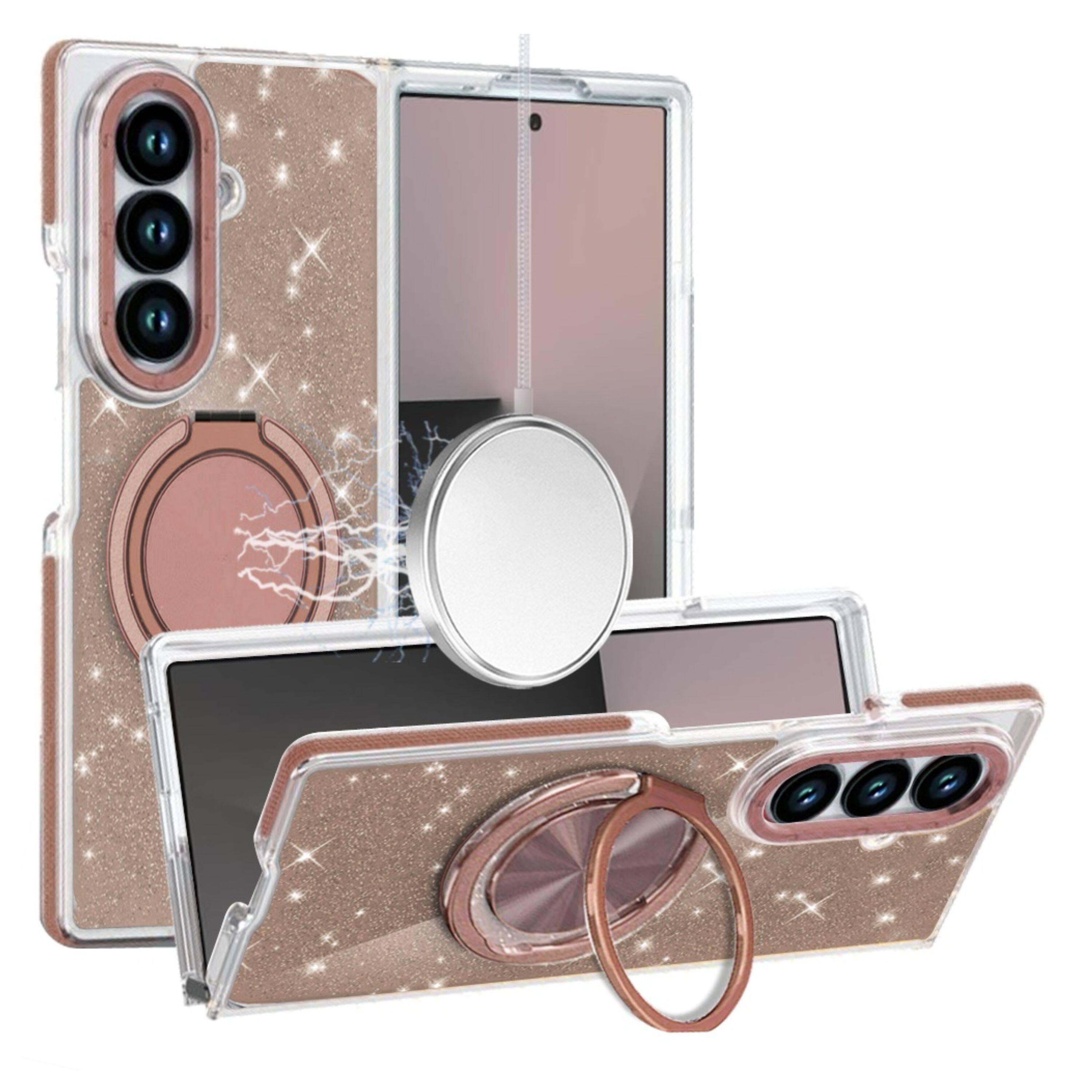 Angle. Kitcheniva - Full Glitter Magnetic Circle Stand Phone Case With Tempered Glass For Samsung Galaxy Z Fold7 Gold - Gold.