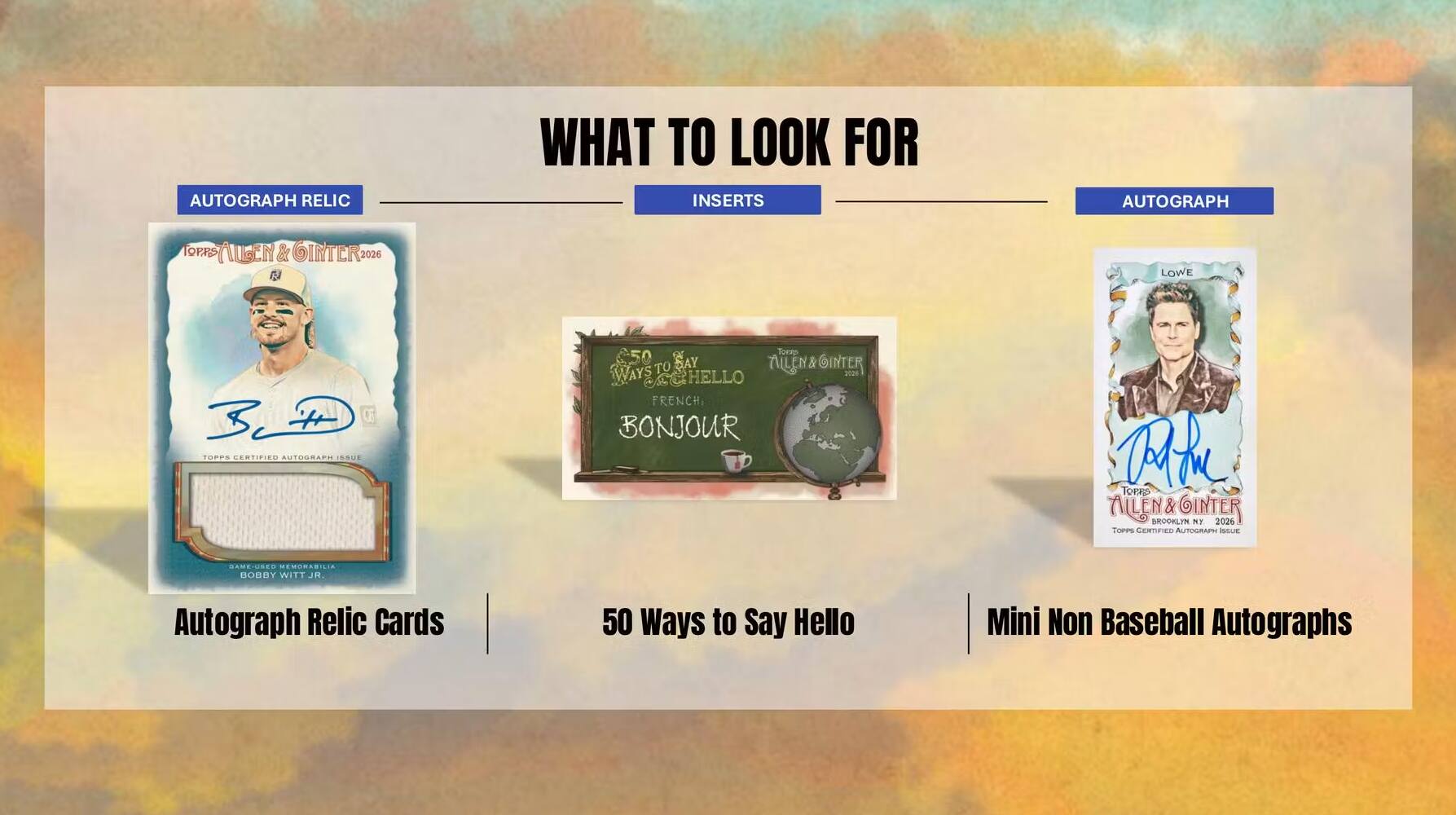 AUTOGRAPH RELIC
WHAT TO LOOK FOR INSERTS
AUTOGRAPH
TOPPS ALLEN&GINTER: 2026
LOWE
3LD hiers CERTIFIED AUTOGRAPH 155%
SAY ALLEN & GINTER WAYSTODAY HELLO FRENCH, BONJOUR
PARK TOPPO ALLEN&GINTER BROOKLYN NY 2026 TOPPS CERTIFIED AUTOGRAPHI BACK
GAME-USED MEMORABILIA BOBBY WITT JR.
Autograph Relic Cards
50 Ways to Say Hello
Mini Non Baseball Autographs