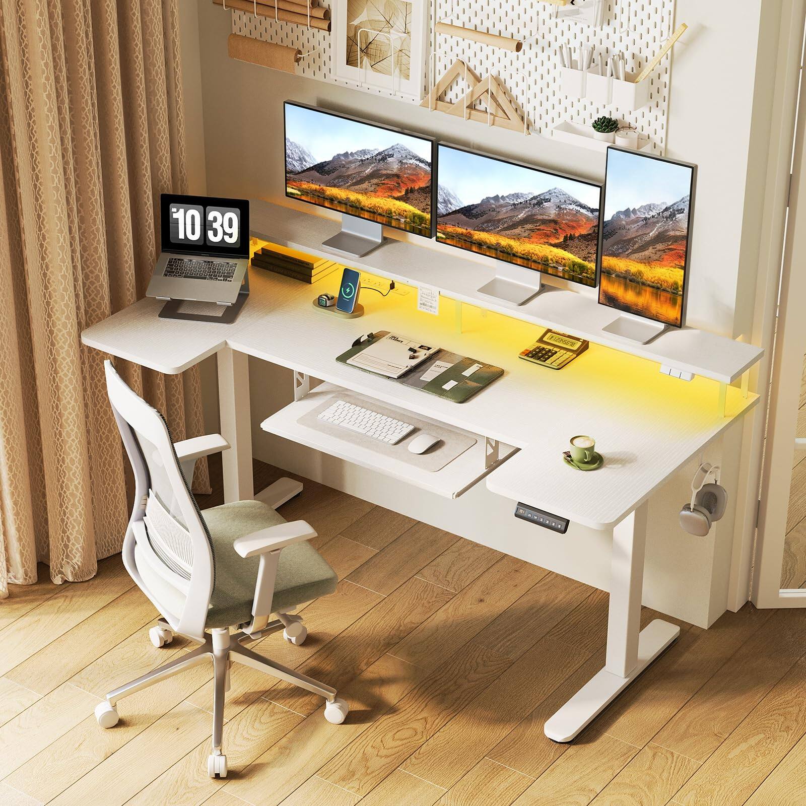 Alt View 1. AODK - U-Shaped Electric Height-Adjustable Standing Desk with Keyboard Tray,Power Outlets and LED Lights - White.