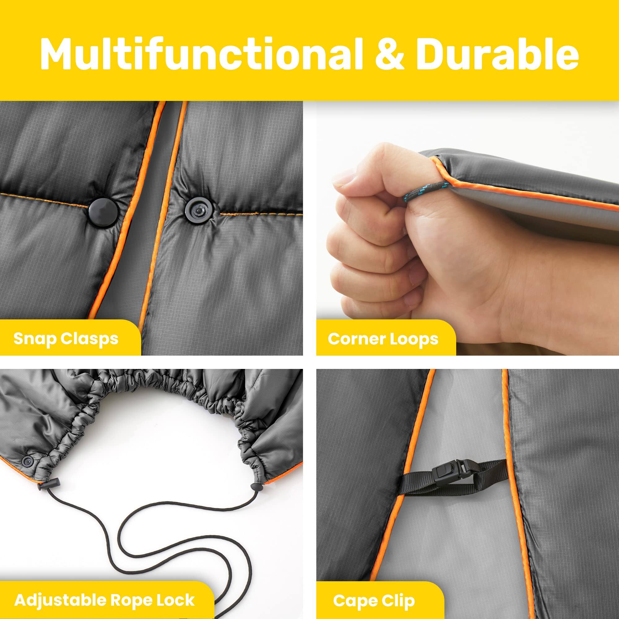Multifunctional & Durable

- Snap Clasps
- Corner Loops
- Adjustable Rope Lock
- Cape Clip