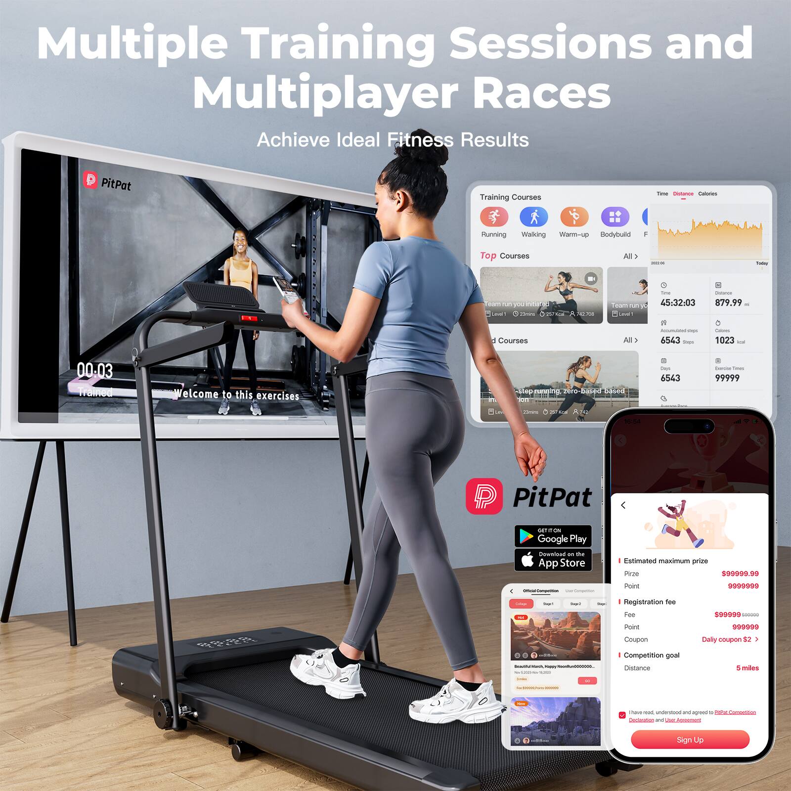 Multiple Training Sessions and Multiplayer Races  
Achieve Ideal Fitness Results  

PitPat Training Courses  
- Running  
- Walking  
- Warm-up  
- Bodybuild  

Top Courses  
- Team run you run  
- Team run you run  
- stop running, zero-based  

All Courses  

Welcome to this exercises  

Google Play  
App Store  

Estimated maximum prize  
$999,999.99  

Registration fee  
$999,999,999  

Point  
999,999  

Daily coupon  
$2  

Competition goal  
Distance + miles  

Sign Up