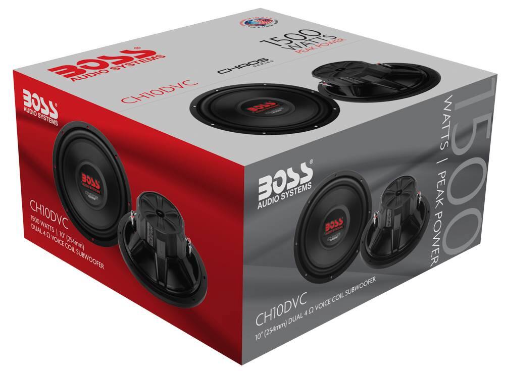 BOSS AUDIO SYSTEMS  
CHAOS  
CH10DVC  
1500 WATTS | PEAK 5000 WATTS  
10" (254mm) DUAL 4 Q VOICE COIL SUBWOOFER