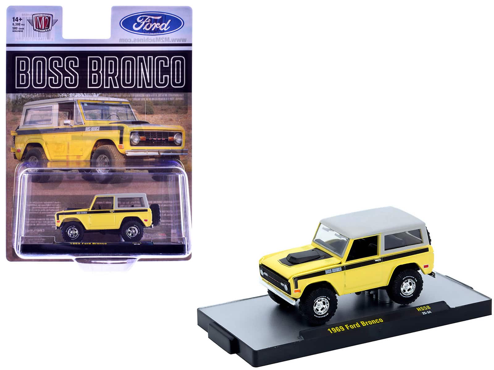 M2 - 1969 Ford Bronco Top Limited Edition to 6380 pieces Worldwide 1/64 - Yellow with Black Stripes and Gray