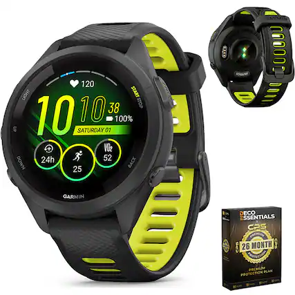 GARMIN FORERUNNER 265s: 120 LIGHT START 38 STOP 10 10 100% UP SATURDAY 01 + VO2 24h 52 DOWN BACK 25 123456789 Release 1A GARMIN Es ECO SSENTIALS CPS PREMIUM CPS 26 MONTH CPS PROTECTION PREMIUM PLAN PROTECTION