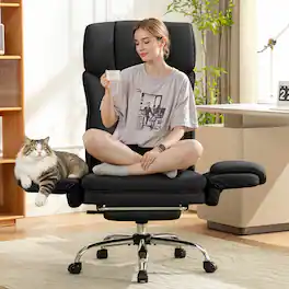 KERDOM - Ergonomic Big Office Leather Chair with Expandable Arms, Reclining Cross Legged Chair with Footrest Wide Seat for Gaming - Black