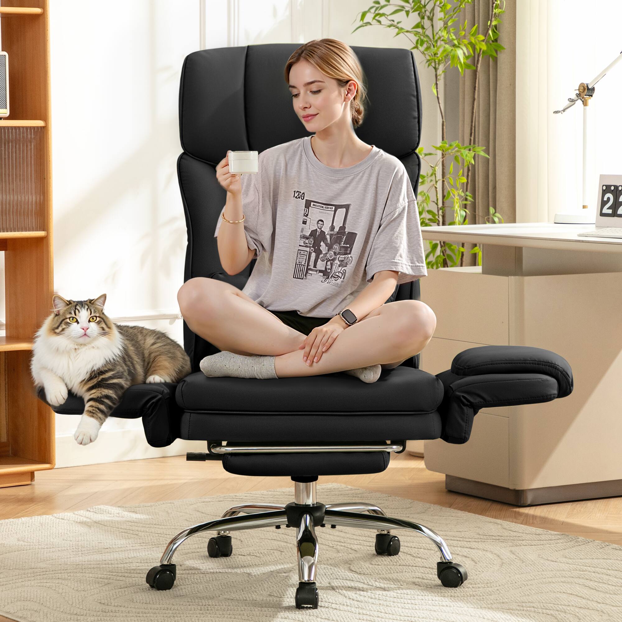 Front. KERDOM - Ergonomic Big Office Leather Chair with Expandable Arms, Reclining Cross Legged Chair with Footrest Wide Seat for Gaming - Black.