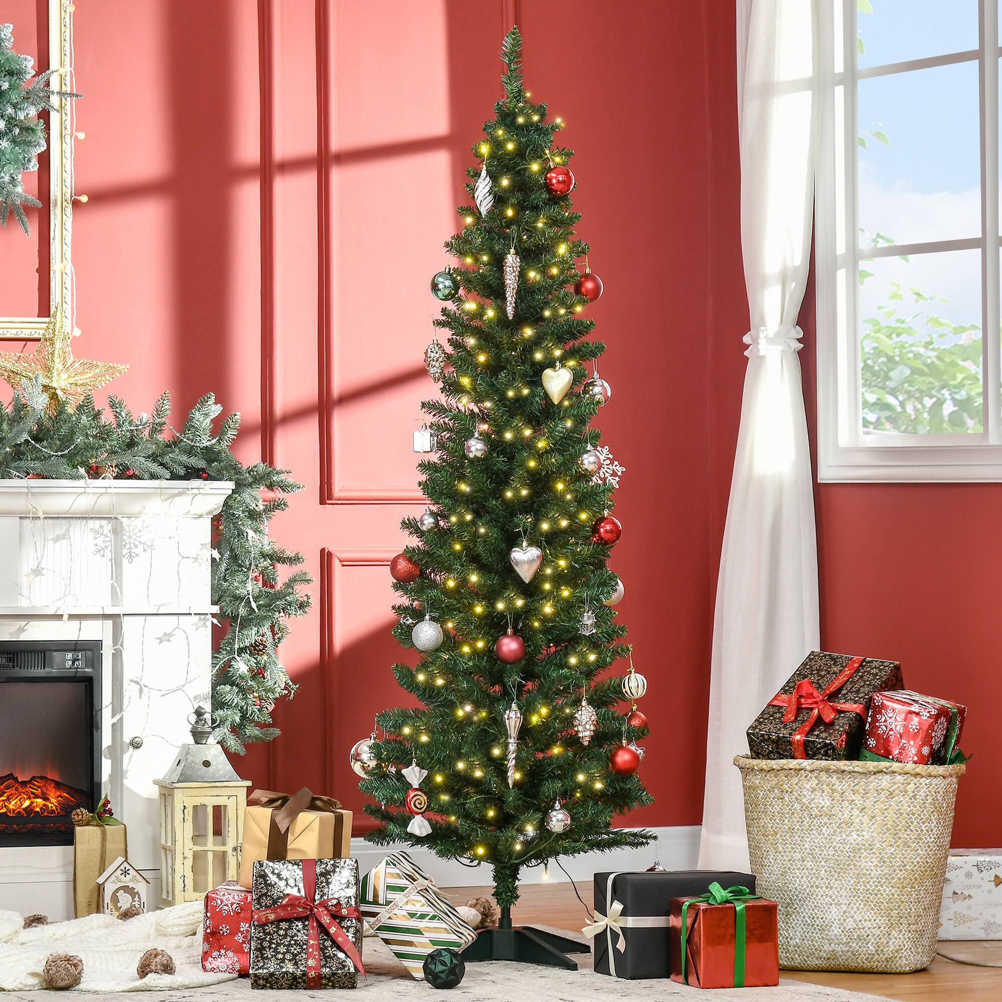 Alt View 1. Homcom - Tall Pre-Lit Slim Noble Fir Artificial Christmas Tree with Realistic Branches, Warm White LED Lights and Tips - green.