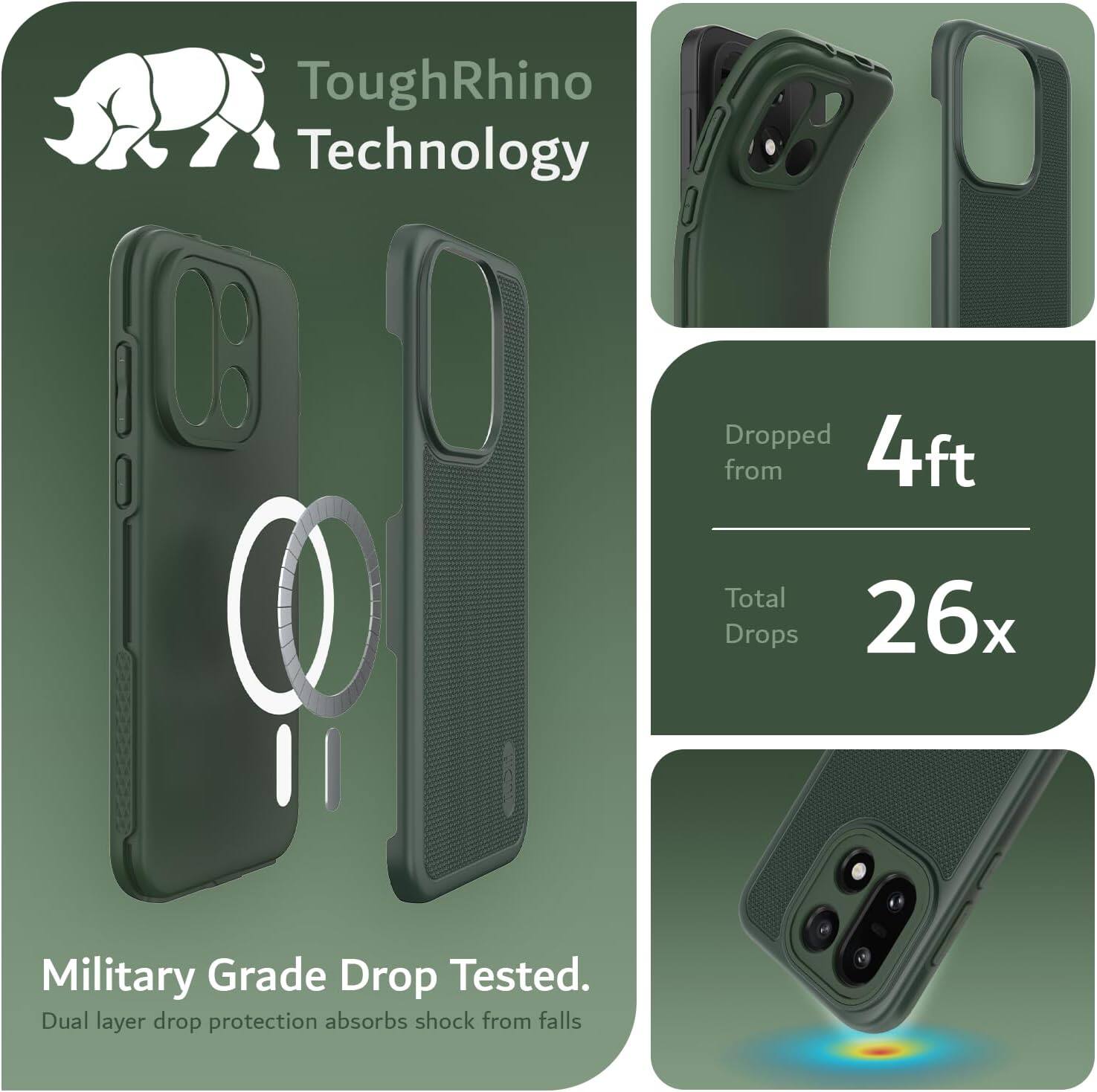 ToughRhino Technology

Dropped from 4ft  
Total Drops 26x

Military Grade Drop Tested.  
Dual layer drop protection absorbs shock from falls