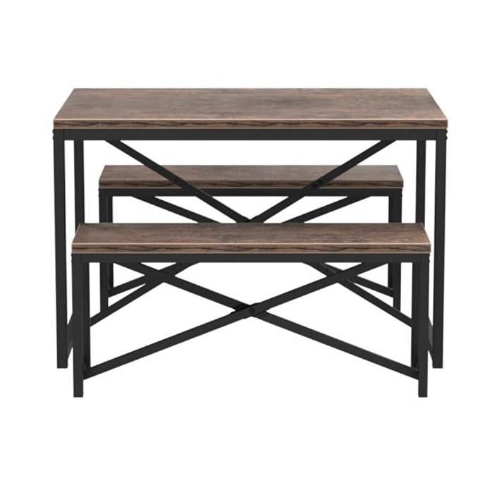 Angle. SlickBlue - Modern 3-Piece Dining Set with Metal Frame Wood Top Table and 2 Benches - Dark Brown.