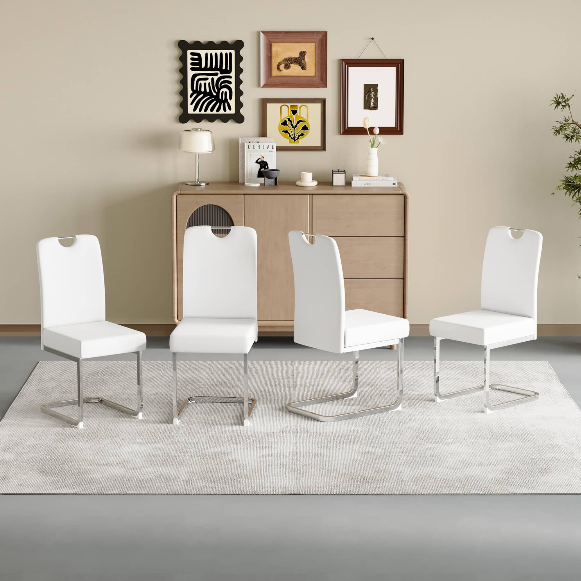GOODSILO - Set of 4 Ergonomic Dining Chairs with Thickened Cushions and Built-in Spring Support - White