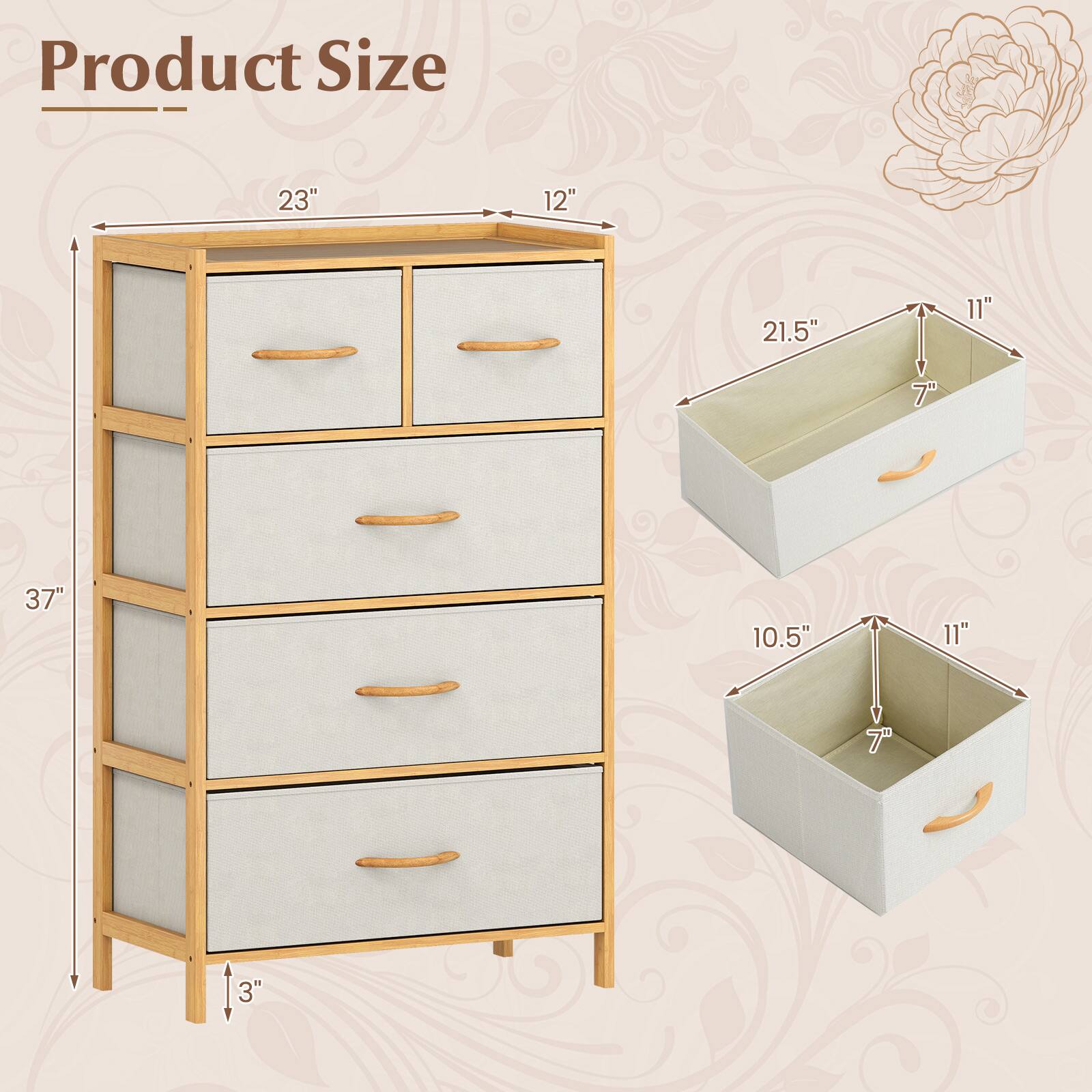 Product Size  
23" x 12" x 37"  
21.5" x 11" x 7"  
10.5" x 11" x 7"  
3"