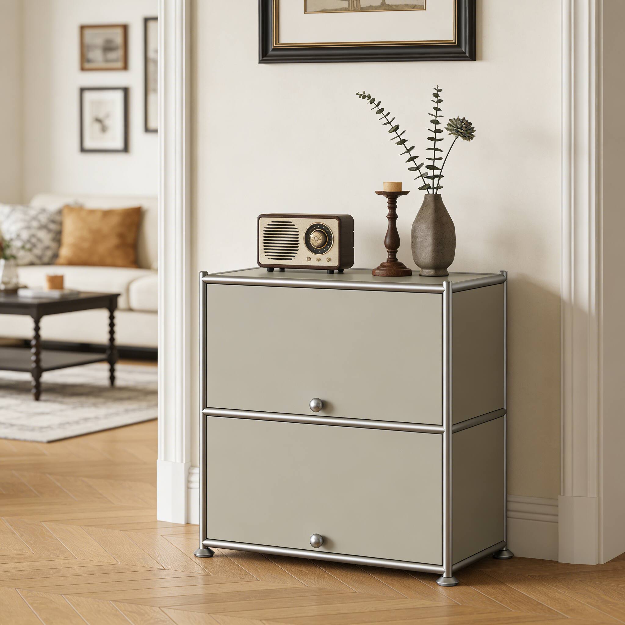 Angle. Malletson - 3 Tier Modular Metal Sideboard Storage Cabinet, Modern Grid-Style, for Dining Room, Living Room or Office - Grey.