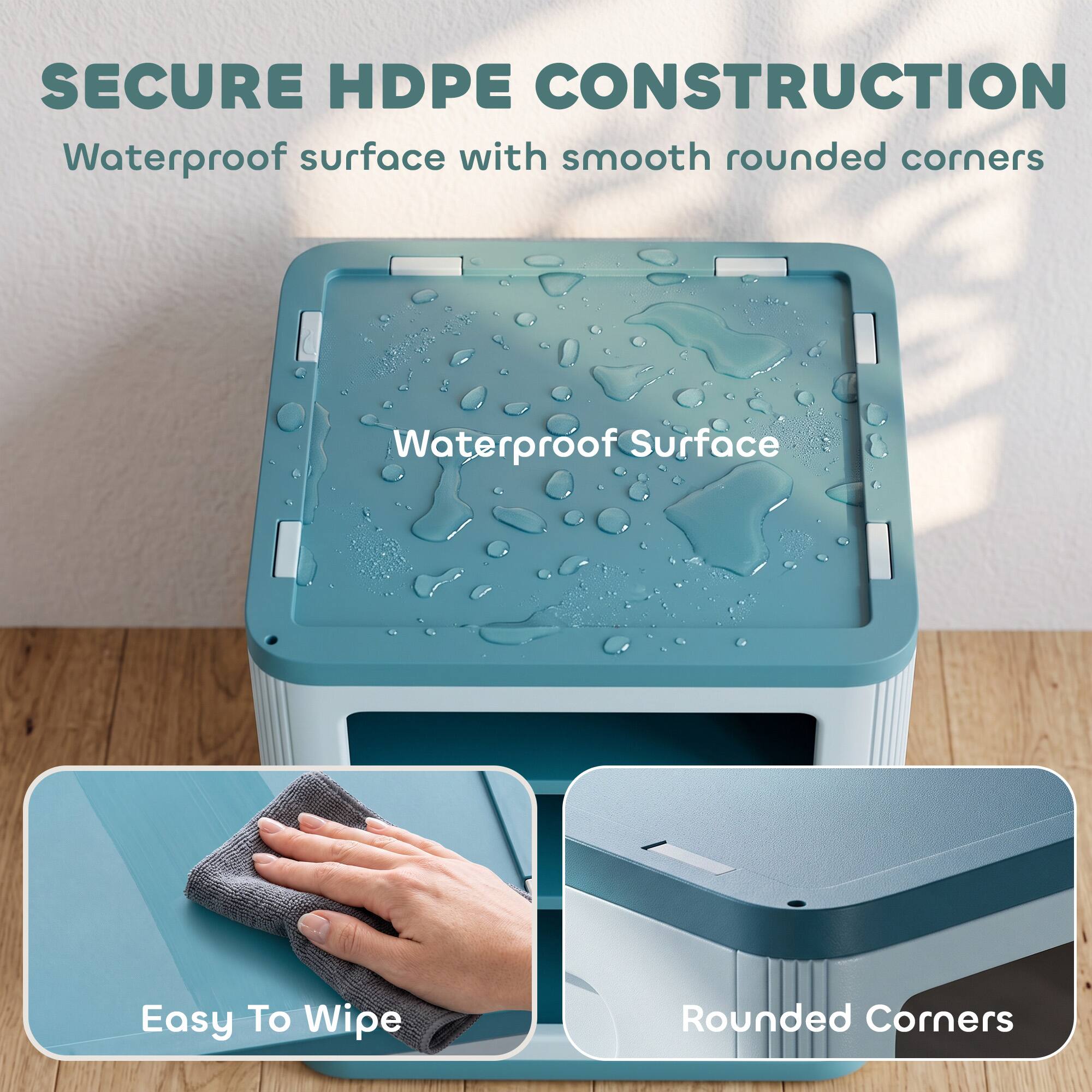 SECURE HDPE CONSTRUCTION  
Waterproof surface with smooth rounded corners

Waterproof Surface  
Easy To Wipe  
Rounded Corners