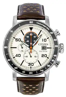Citizen - Brycen Chronograph Brown Leather Strap Dial Eco-Drive CA0649-06X 100M Men's Watch - Ivory