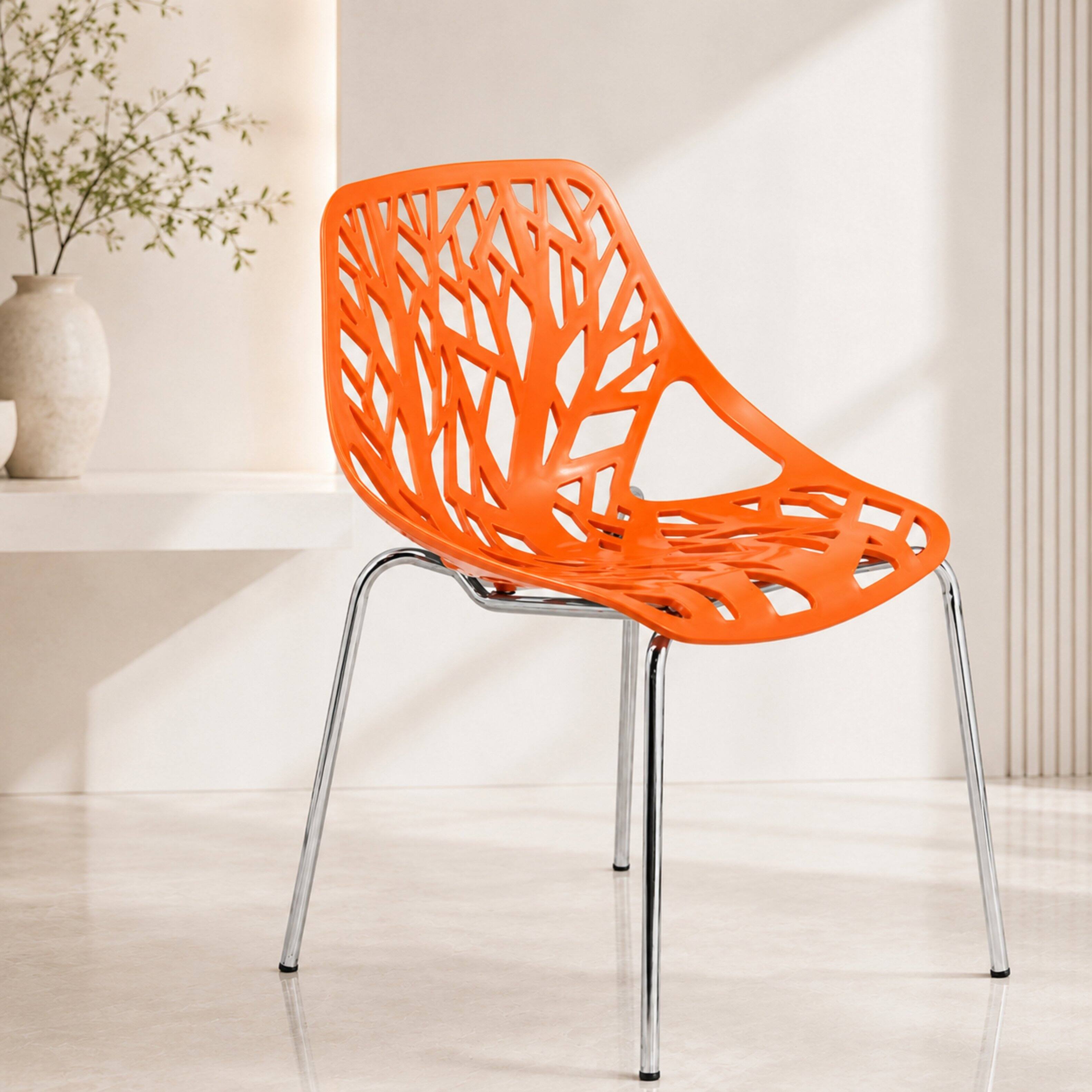 Left. LeisureMod - Asbury Set of 4 Stackable Dining Side Chair with Accent Chrome Steel Legs and Cut Out Design for Indoor Outdoor - Orange.