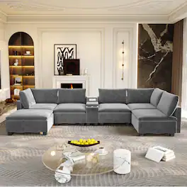 Anysun - 121.2" Modular U-Shaped Cloud Sectional Sofa with Movable Ottoman, Hidden Storage, Cup Holders & Bluetooth Speaker - Gray