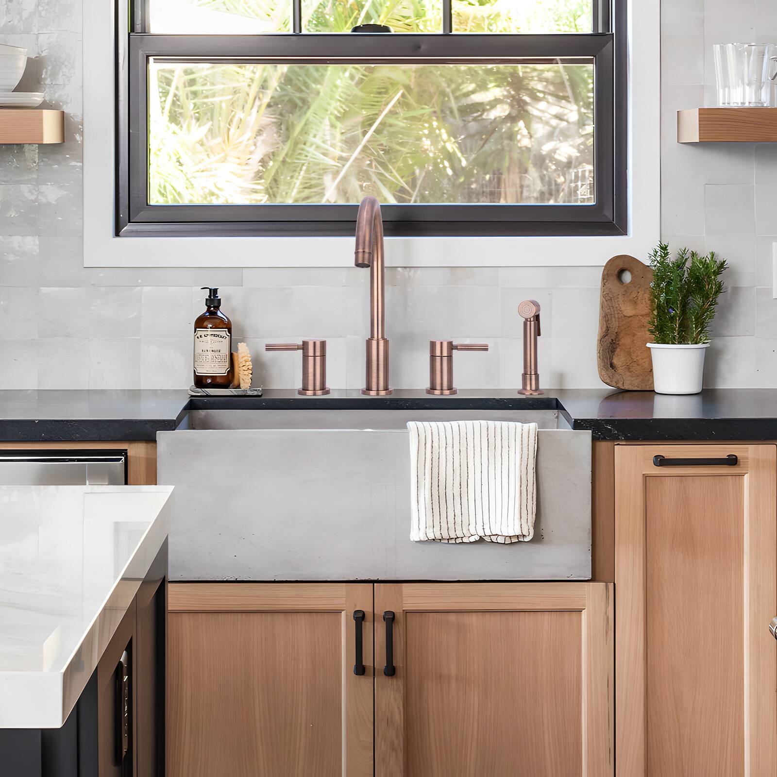 Alt View 4. Akicon - Akicon Solid Brass Double-Handle 360° Swivel Widespread Kitchen Faucet with Side Sprayer in Antique Copper - Antique Copper.