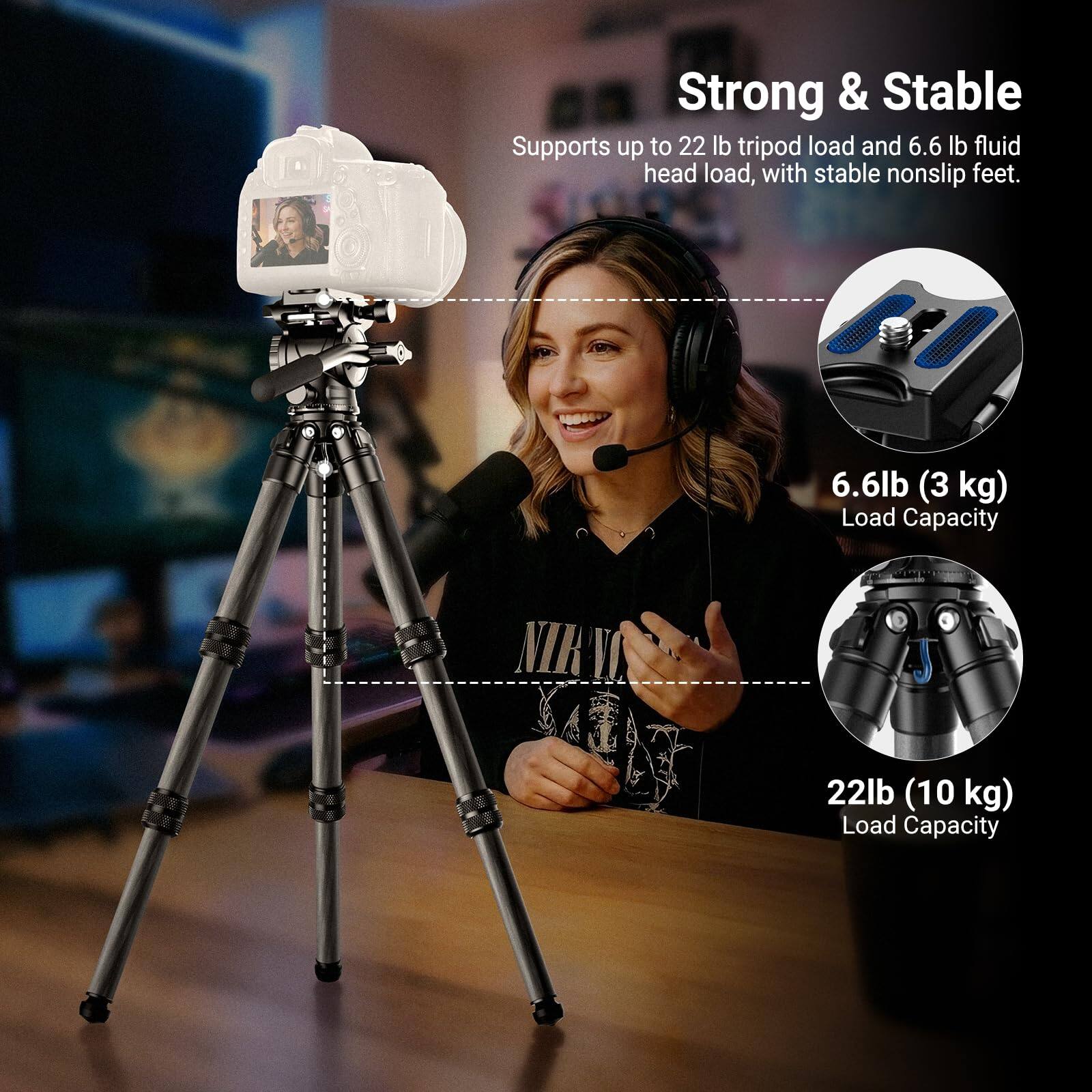 Strong & Stable  
Supports up to 22 lb tripod load and 6.6 lb fluid head load, with stable nonslip feet.  
6.6lb (3 kg) Load Capacity  
22lb (10 kg) Load Capacity
