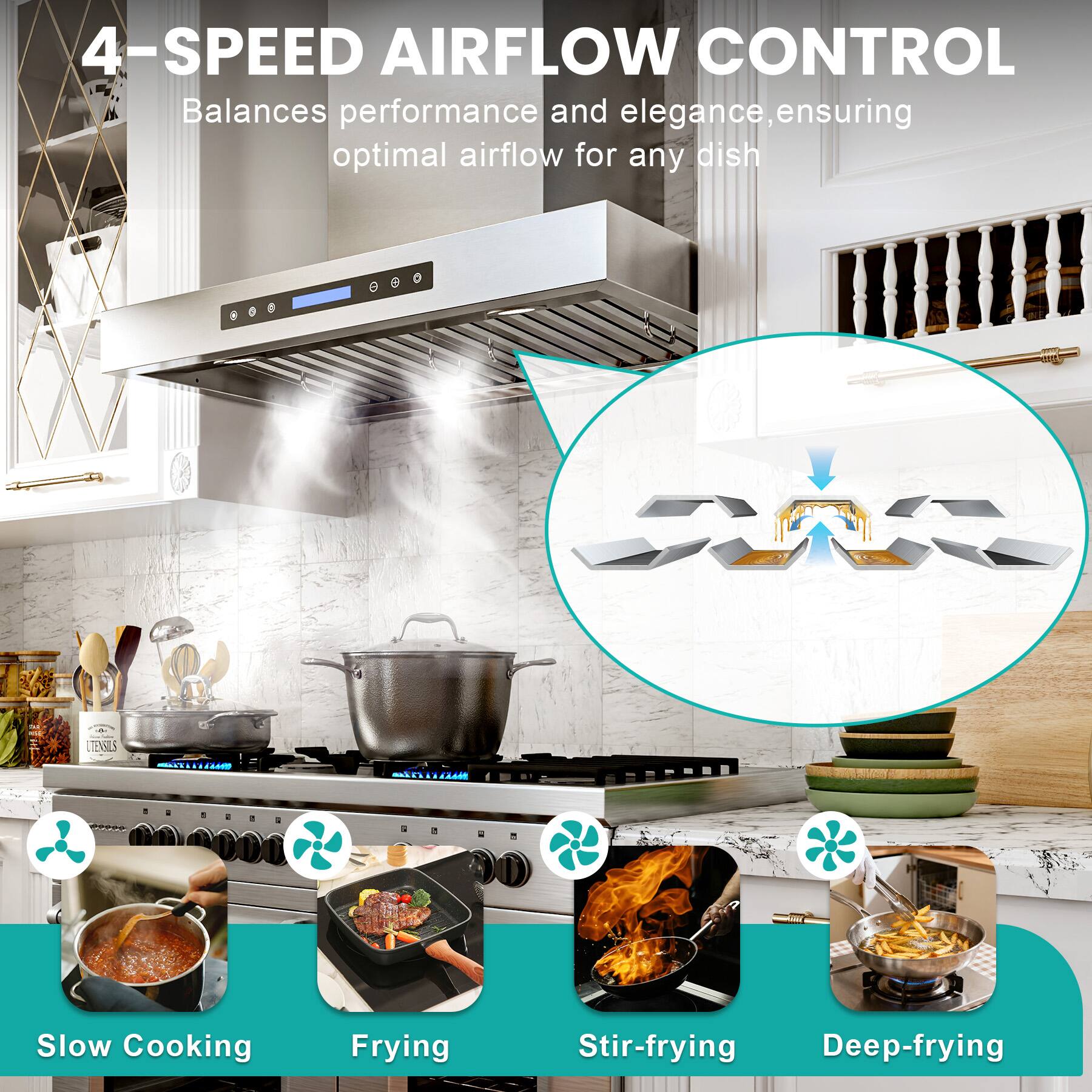 4-SPEED AIRFLOW CONTROL  
Balances performance and elegance, ensuring optimal airflow for any dish  

- Slow Cooking  
- Frying  
- Stir-frying  
- Deep-frying
