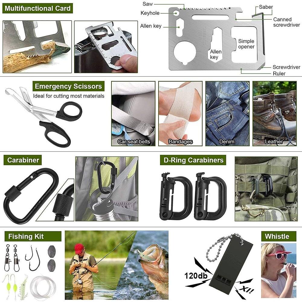 Multifunctional Card  
- Saw  
- Keyhole  
- Allen key  
- Saber  
- Canned screwdriver  
- Simple opener  
- Screwdriver  
- Ruler  

Emergency Scissors  
- Ideal for cutting most materials  
- Car seat belts  
- Bandages  
- Denim  
- Leather  

Carabiner  
- Fishing Kit  
- D-Ring Carabiners  
- Whistle (120db)