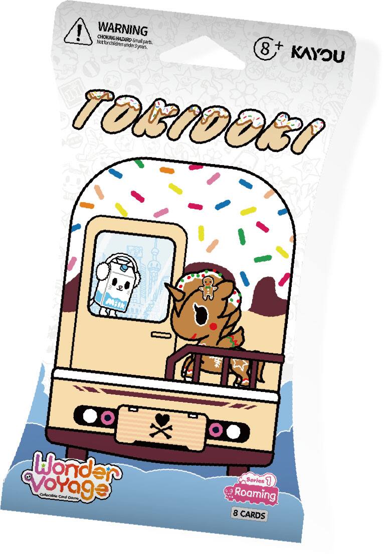 Sure, here is the corrected and grouped text from the image:

---

**WARNING**  
CHOKING HAZARD - Small parts. Not for children under 3 years.

**8+**  
KAYOU

**TOKIOKI**

**Wonder Voyage**  
Collectable Card Game

**Series 1**  
Roaming

**8 CARDS**

---