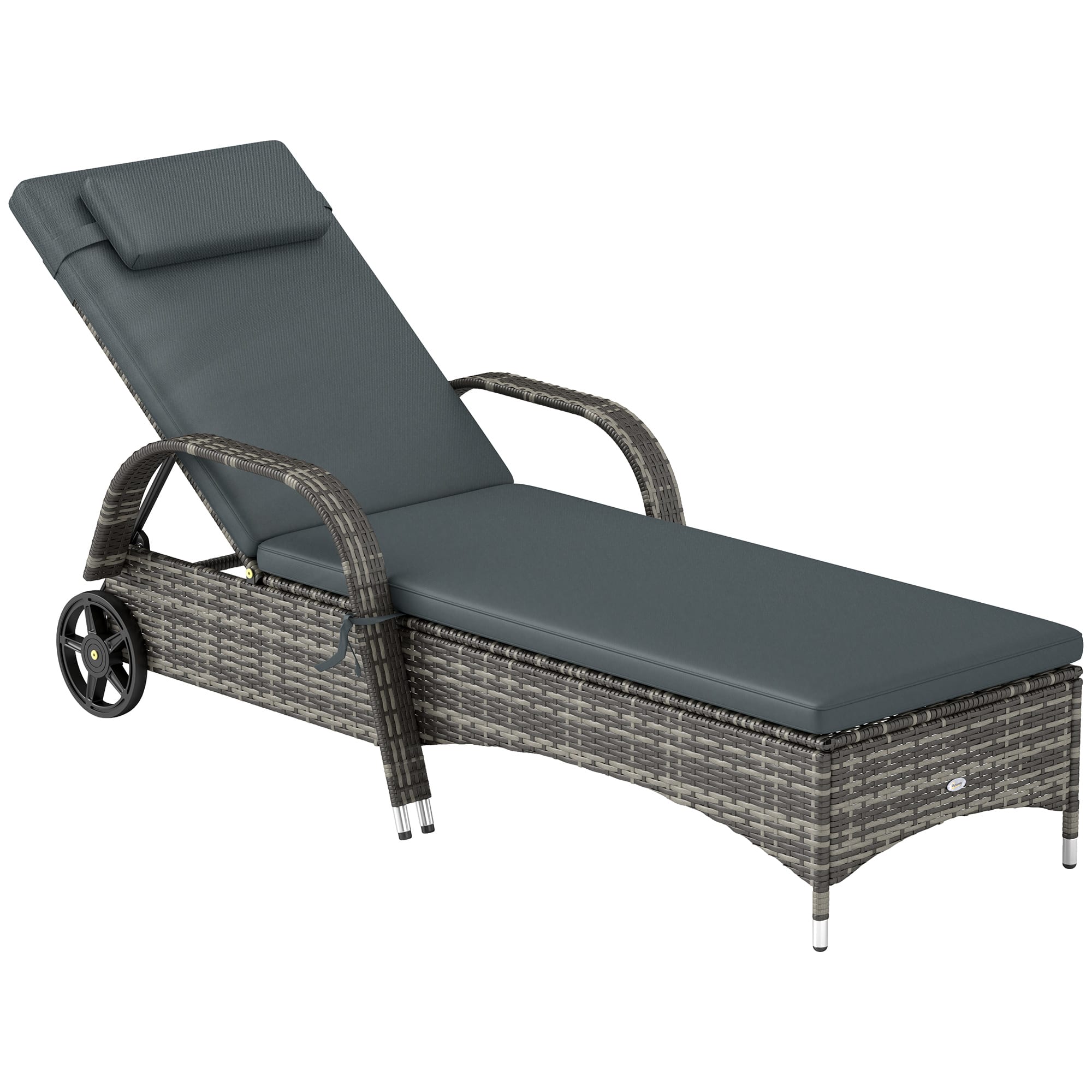 Outsunny - Wicker Outdoor Chaise Lounge, 5-Level Adjustable Backrest PE Rattan Pool Lounge Chair with Wheels, Cushion & Headrest - Mixed Gray and Charcoal Black